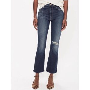 Mother The Hustler Ankle Fray Jeans in Close To The Edge Blue Knee Rip Raw Hem